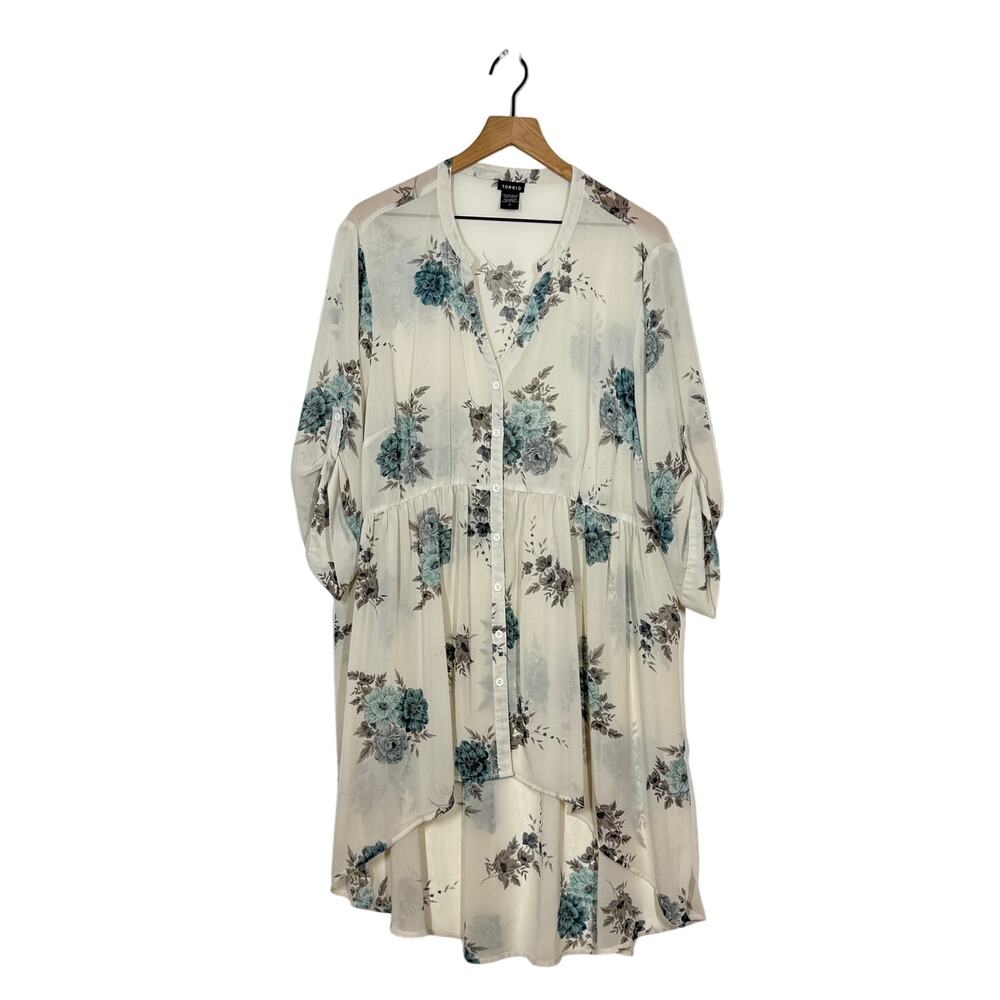 Torrid Tunic Top Womens Size 3X White Floral Hi-Lo Hem Roll Tab Sleeve Button Up